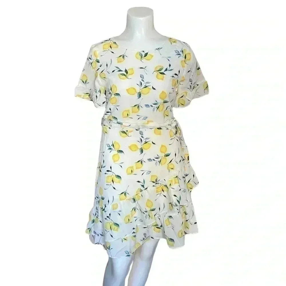 Banana Republic Frill Fit-and-Flare white lemon print dress sz 2 P